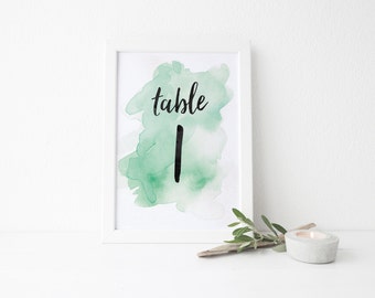 Instant Download Watercolor Splash Table Numbers / Mint Green Watercolor / Brush Lettering / Digital Print-at-Home File Table Numbers 1-20