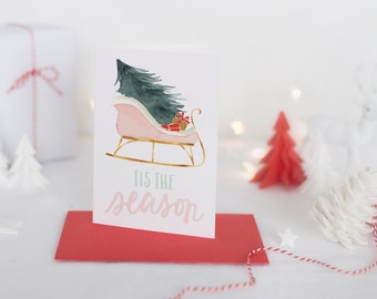 tis the season holiday greeting card // hand painted watercolor sleigh card // hand lettering // printed