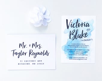 Watercolor Splash Engagement Party Invites / Bright Blue / Hand Lettering / Semi-Custom Party Shower Invites / Print-at-Home Invitations
