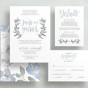 Classic Floral Wedding Invitations / Dusty Gray Blue / Watercolor / Calligraphy / Semi-Custom Wedding Invites / Printed Invitation Suite