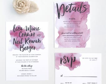 Watercolor Splash Wedding Invites / Burgundy Red / Hand Brush Lettering / Semi-Custom Wedding Invitation Suite / Print-at-Home Invitations
