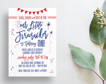 Firecracker Birthday Party Invites / Fourth of July Party / Semi-Custom Invites / Little Boy Birthday / Print-at-Home Invitations