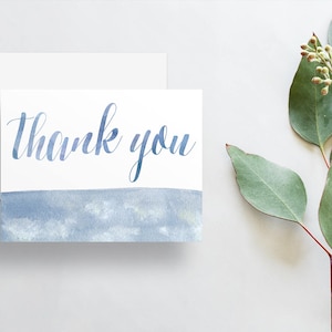 Aquarell Kalligraphie Dankeschön-Karten / Ash Schiefer blau Baumwolle Candy Aquarell / Danke Notizen / gedruckt gefaltet Dankeschön-Karten