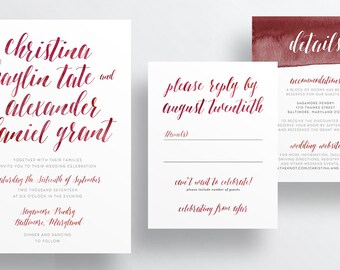 Watercolor Calligraphy Wedding Invites / Crimson Red Watercolor / Semi-Custom Wedding Invitation Suite / Print-at-Home Invitations