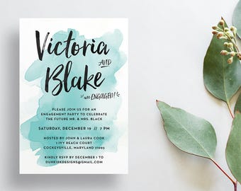 Watercolor Splash Engagement Party Invites / Robin's Egg Blue / Hand Lettering / SemiCustom Party Shower Invites / Print-at-Home Invitations