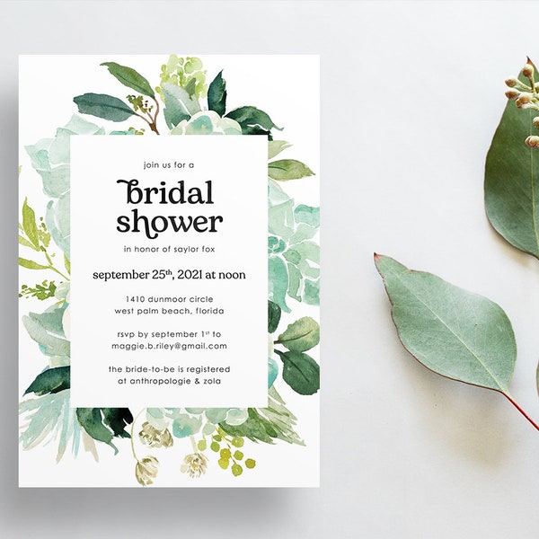 Watercolor Botanical Party Shower Invites / Succulents / Semi-Custom Party Bridal Baby Shower Invites / Printed Invitations