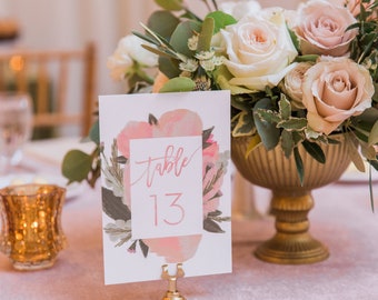 Soft Floral Watercolor Table Numbers / Pink Blush Watercolor Floral / Brush Lettering / Printed Table Numbers 1-20