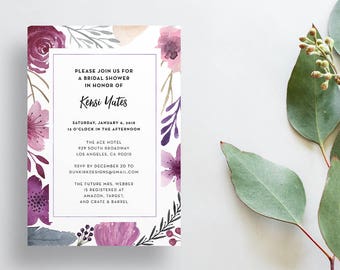 Watercolor Floral Shower Invites / Purple Floral / Calligraphy / Semi-Custom Party Bridal Shower Invites / Print-at-Home Invitations