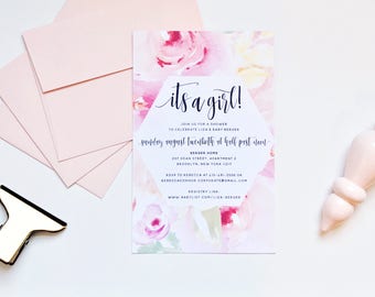 Watercolor Floral Shower Invites / Pink Peach / Calligraphy / Semi-Custom Party Bridal Baby Shower Invites / Print-at-Home Invitations