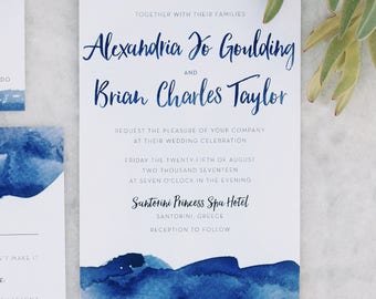 Beach Wedding Invitation Suites / Watercolor Ombre / Navy Blue, Dusty Blue, Aqua, and Sand / Printable at Home