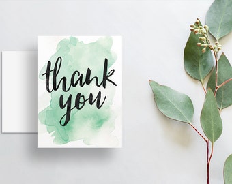 Instant Download Watercolor Splash Thank You Cards / Mint Green Light Green Watercolor / Brush Hand Lettering / Digital Print-at-Home File