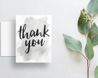 Instant Download Watercolor Splash Thank You Cards / Silver Grey Pale Gray Watercolor / Brush Hand Lettering / Digital Print-at-Home File