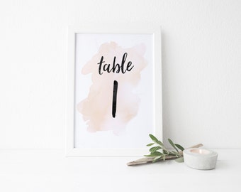 Instant Download Watercolor Splash Table Numbers / Champagne Cream / Brush Lettering / Digital Print-at-Home File Table Numbers 1-20