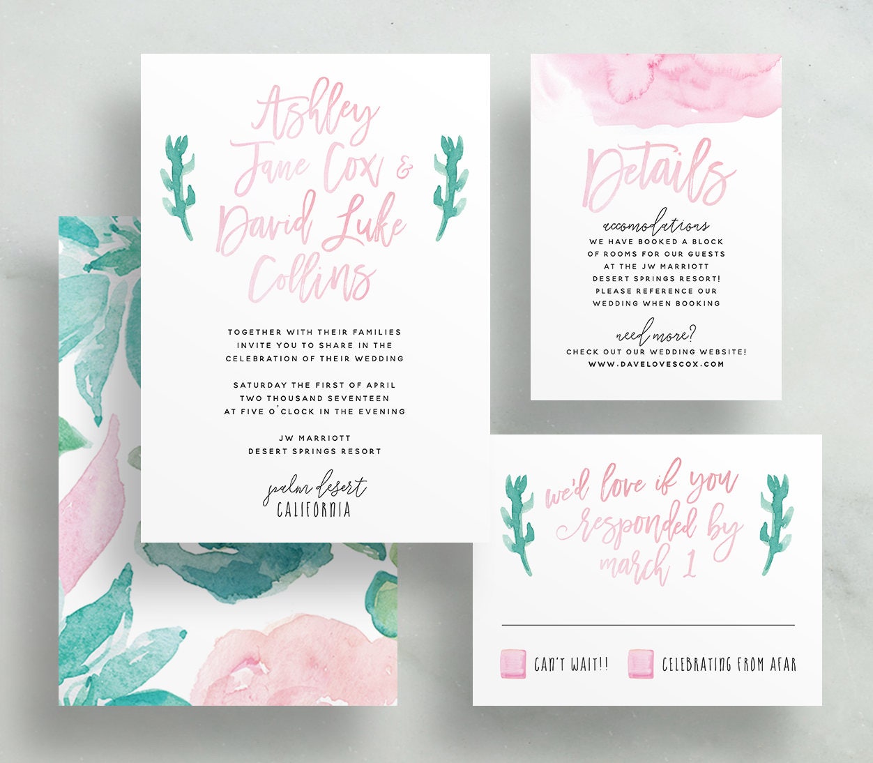 Desert Floral Watercolor Wedding Invites / Pink Aqua Blue Cactus /  Semi-custom Wedding Invitation Suite / Print-at-home Invitations - Etsy, image size:1252x1094