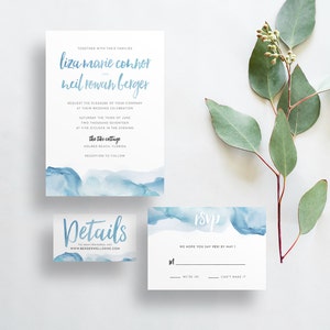 Watercolor Ombre Wedding Invites / Dusty Blue / Brush Lettering / Semi-Custom Wedding Invitation Suite / Print-at-Home Invitations image 1