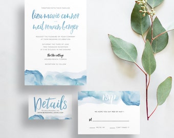 Watercolor Ombre Wedding Invites / Dusty Blue / Brush Lettering / Semi-Custom Wedding Invitation Suite / Print-at-Home Invitations