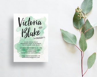 Watercolor Splash Engagement Party Invites / Mint Green / Hand Lettering / Semi-Custom Party Shower Invites / Print-at-Home Invitations