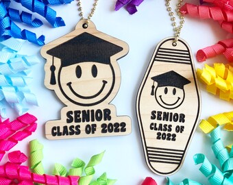 engraved wood graduation keychains // happy graduation keychain // smiley face graduation keychains // senior // class of 2022