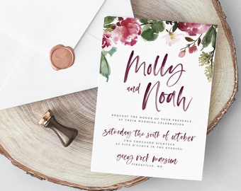 Secret Garden Wedding Invites / Watercolor Lettering / Forest Green, Ruby Red / Semi-Custom Print-at-Home Wedding Invitations