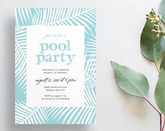 Tropical Palm Leaves Pool Party Invites / Swimming Beach Party / Aqua Blue / Birthday Engagement Summer Party / Printed Invitations