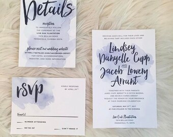 Watercolor Splash Wedding Invites / Pale Blue / Hand Brush Lettering / Semi-Custom Wedding Invitation Suite / Print-at-Home Invitations