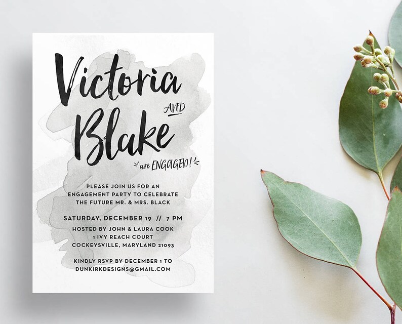 Watercolor Splash Engagement Party Invites Gray Watercolor Hand Lettering Semi-Custom Party Shower Invites Printed Invitations