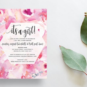 Watercolor Floral Shower Invites / Bright Pink / Calligraphy / Semi-Custom Party Bridal Baby Shower Invites / Printed Invitations