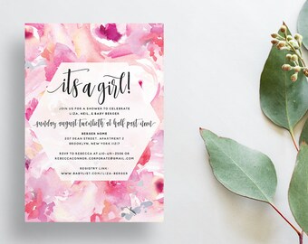 Watercolor Floral Shower Invites / Bright Pink / Calligraphy / Semi-Custom Party Bridal Baby Shower Invites / Printed Invitations