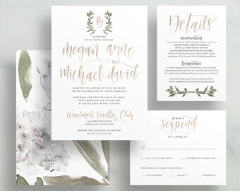 Classic Floral Wedding Invitations / Dusty Taupe / Watercolor Floral / Calligraphy / Semi-Custom Wedding Invites / Printable Digital Files