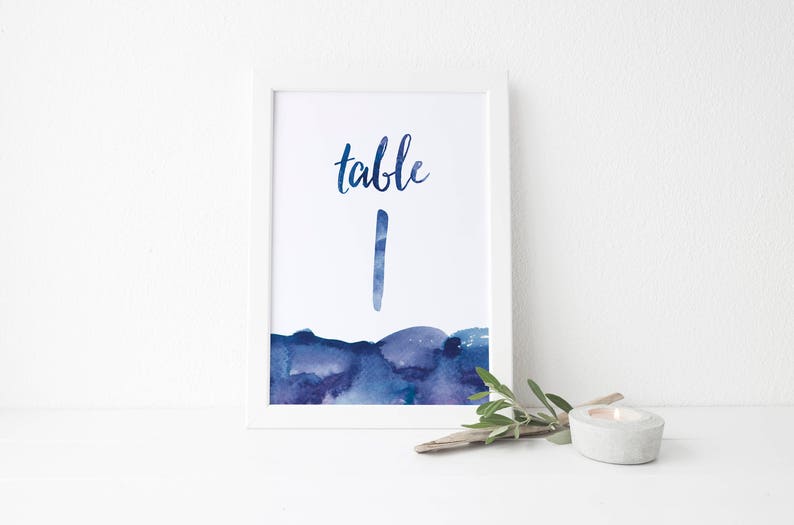 Watercolor Ombre Table Numbers Navy Blue Dark Blue Watercolor Hand Brush Lettering Printed Table Numbers 1-20