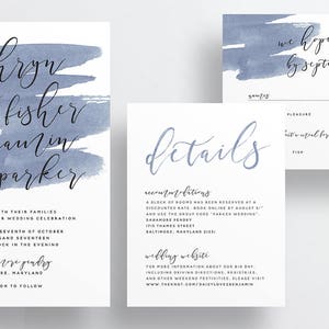 Simple Calligraphy Wedding Invites / Dark Slate Blue Watercolor / Semi-Custom Wedding Invitation Suite / Print-at-Home Invitations