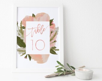 Instant Download Soft Floral Watercolor Table Numbers / Pink Blush Floral / Brush Lettering / Digital Print-at-Home File Table Numbers 1-20