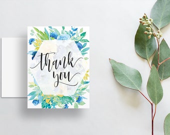 Watercolor Floral Thank You Cards / Blue Yellow Green Watercolor Floral / Calligraphy / Thank You Notes / Printed Folded Thank You Cards