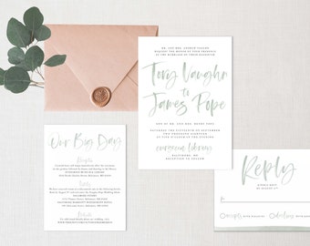Watercolor Lettering Wedding Invites / Moss, Emerald, Slate, Navy, Rose, Red, Gray, Black / Semi-Custom Print-at-Home Wedding Invitations