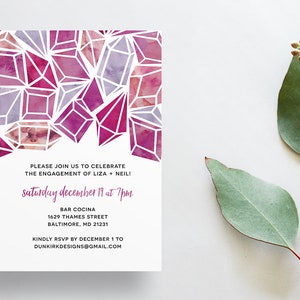 Watercolor Jewels Bridal Shower Invites / Bright Blue Pink Coral Diamonds / Semi-Custom Engagement Party Invites / Bridal Shower Invitations Purple Jewels