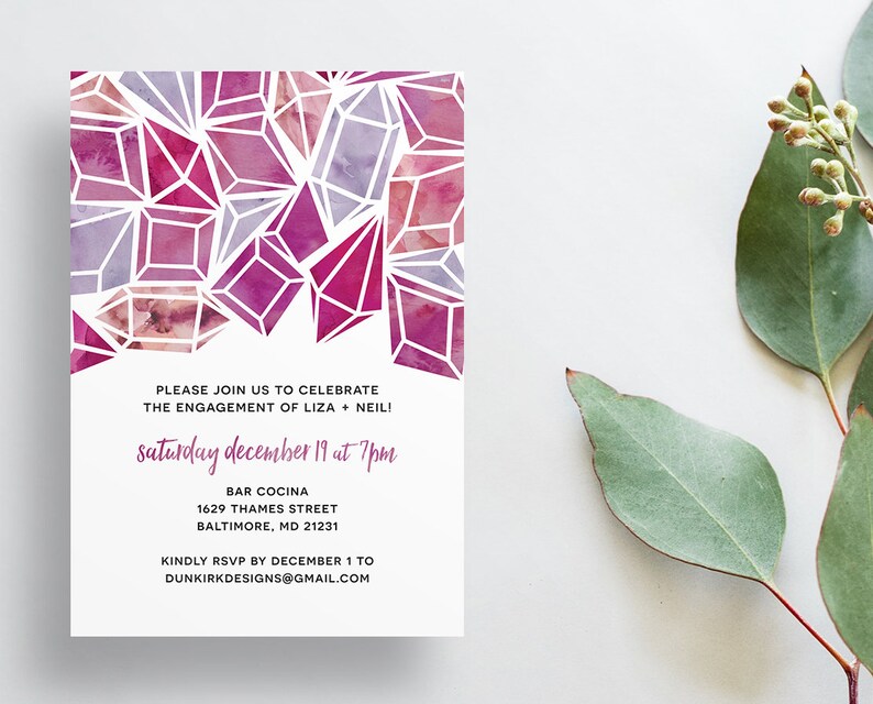 Watercolor Jewels Bridal Shower Invites / Bright Blue Pink Coral Diamonds / Semi-Custom Engagement Party Invites / Bridal Shower Invitations Purple Jewels