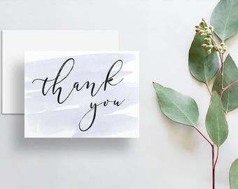 Instant Download Simple Calligraphy Thank You Cards / Light Purple Watercolor / Brush Hand Lettering / Digital Print-at-Home File