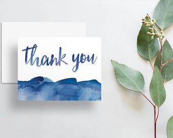Watercolor Ombre Thank You Cards / Ocean Blue, Dusty Blue, Aqua, Sand / Modern Brush Lettering / Printed Folded Thank You Cards