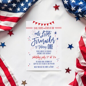 4th of July themed party invitation with blue and red brush lettering on a white card. Background is primarily white with the United States flag on each side of the frame vertically oriented.