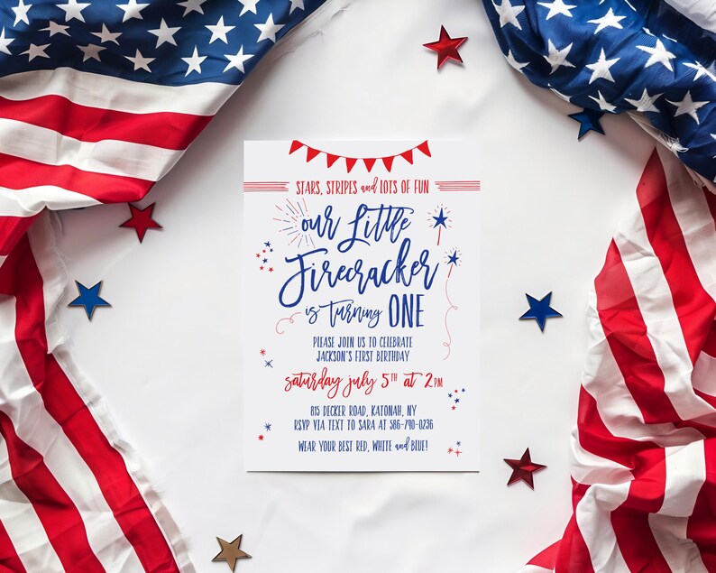 4th of July themed party invitation with blue and red brush lettering on a white card. Background is primarily white with the United States flag on each side of the frame vertically oriented.