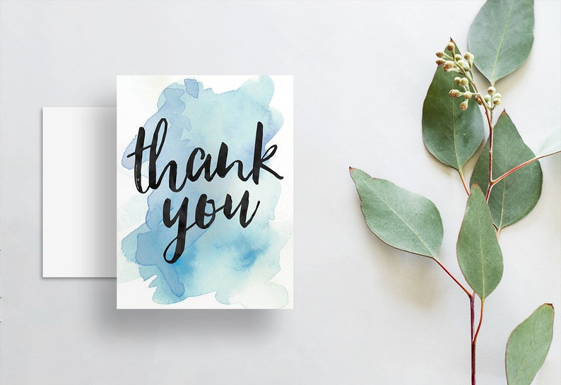 Instant Download Watercolor Splash Thank You Cards Bright Blue Watercolor Brush Hand Lettering Digital Print-at-Home File