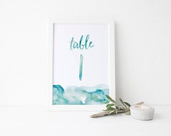 Instant Download Watercolor Ombre Table Numbers / Aqua Watercolor / Brush Lettering / Digital Print-at-Home File Table Numbers 1-20