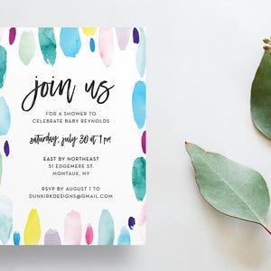 Watercolor Strokes Shower Invites / Bright Paint Strokes / Calligraphy / Semi-Custom Party Bridal Shower Invites / Print-at-Home Invitations image 1