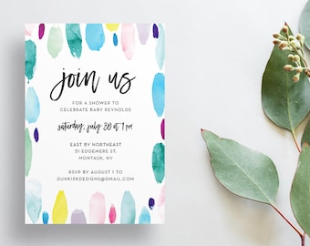 Watercolor Strokes Shower Invites / Bright Paint Strokes / Calligraphy / Semi-Custom Party Bridal Shower Invites / Print-at-Home Invitations