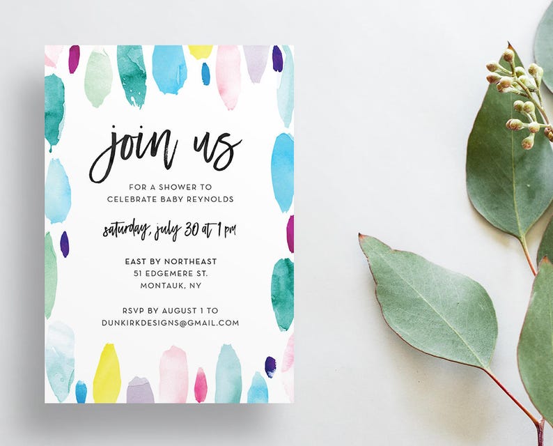 Watercolor Strokes Shower Invites / Bright Paint Strokes / Calligraphy / Semi-Custom Party Bridal Shower Invites / Print-at-Home Invitations image 1