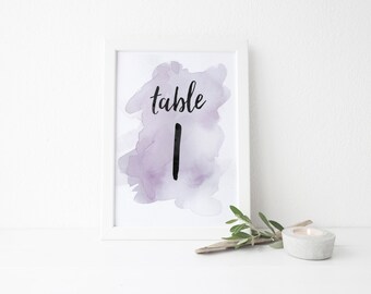 Instant Download Watercolor Splash Table Numbers / Purple Watercolor / Brush Lettering / Digital Print-at-Home File Table Numbers 1-20