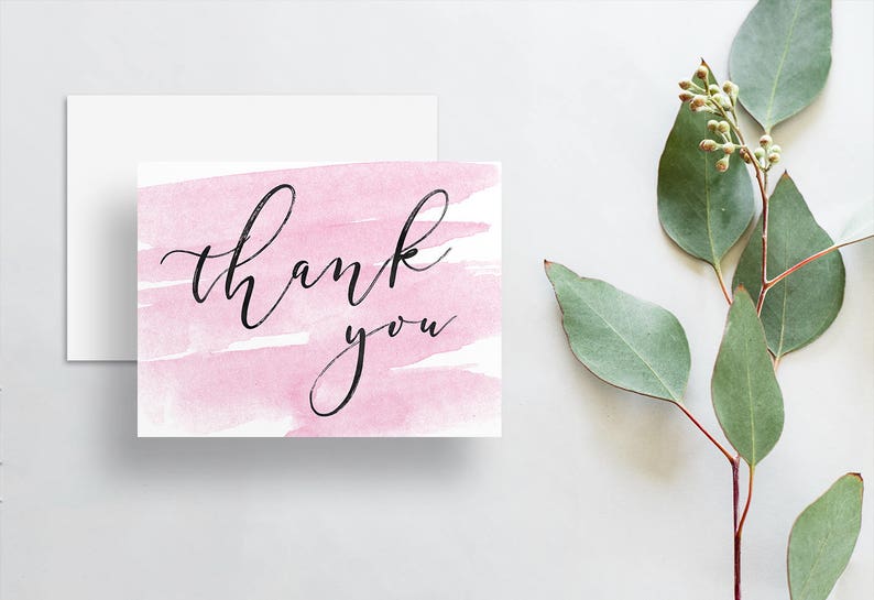 Instant Download Simple Calligraphy Thank You Cards  Pink Watercolor  Brush Hand Lettering  Digital Print-at-Home File