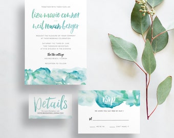 Watercolor Ombre Wedding Invites / Blue Green Aqua / Brush Lettering / Semi-Custom Wedding Invitation Suite / Print-at-Home Invitations