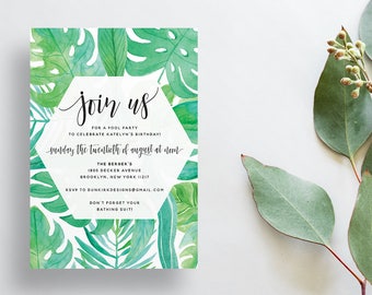 Watercolor Palm Leaves Shower Invites / Green Palms / Calligraphy / Semi-Custom Party Bridal Shower Invites / Print-at-Home Invitations