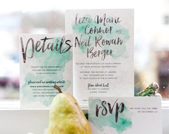 Watercolor Splash Wedding Invites / Mint Green / Hand Brush Lettering / Semi-Custom Wedding Invitation Suite / Print-at-Home Invitations